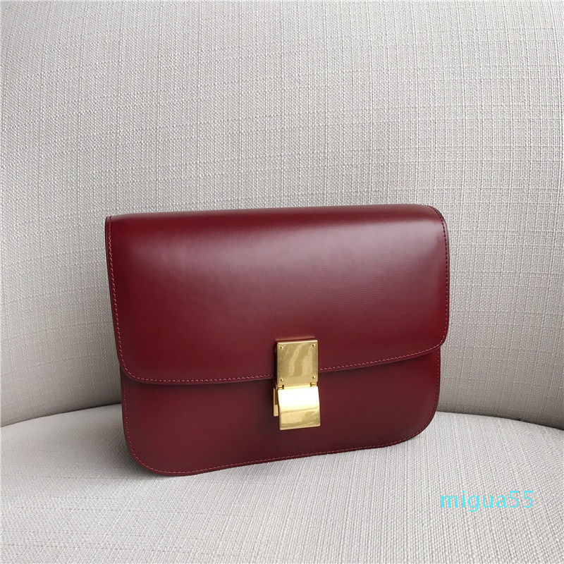 

Genuine Leather Handbags Tofu Shoulder Messenger Stewardess Retro Simple Female Bag, 24cm red