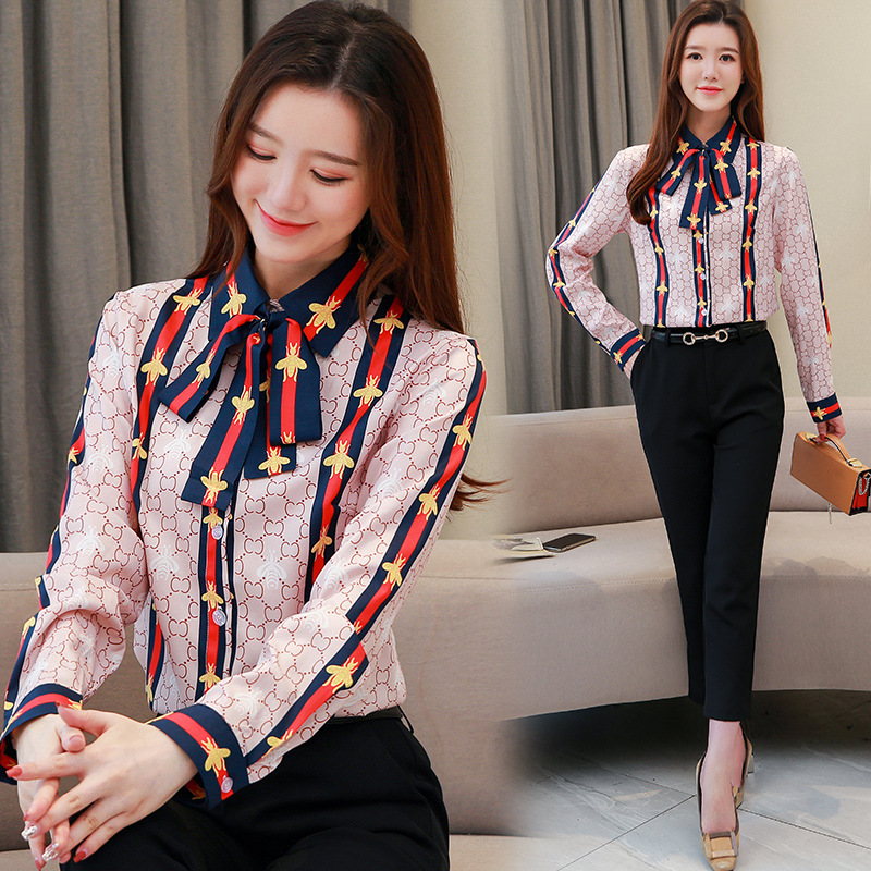 

Luxury Designer Printed Bow Blouses Runway Women's Casual Shirts Long Sleeve Ladies Vintage Spring Autumn Office Elegant Button Shirt Tops, White