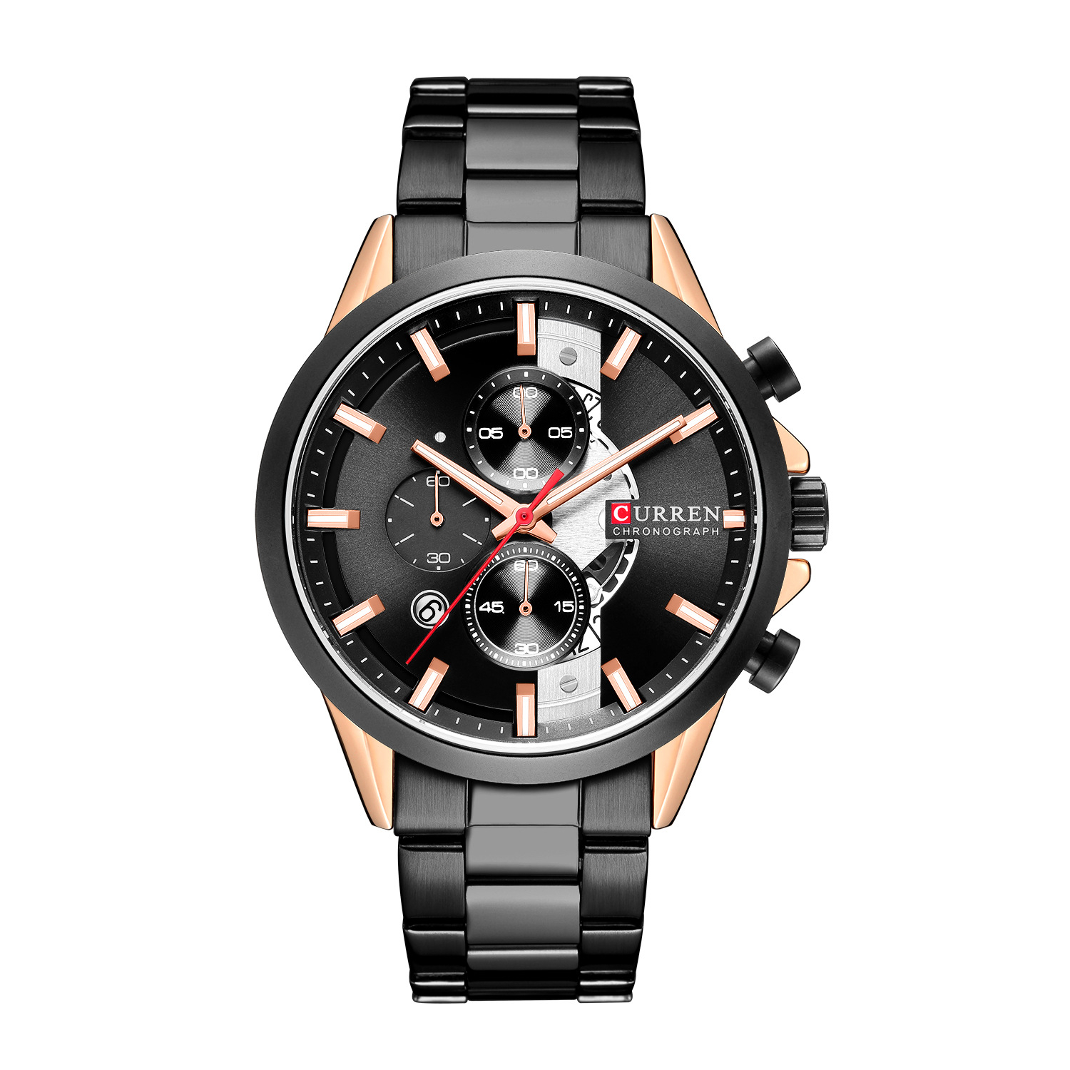 

CURREN 8325 Steel Watches Military Wristwatches Calendar Business Men's Wristwatch Waterproof Quartz Watch Men Clock Date Chronograph Relogio Masculino, Black rose