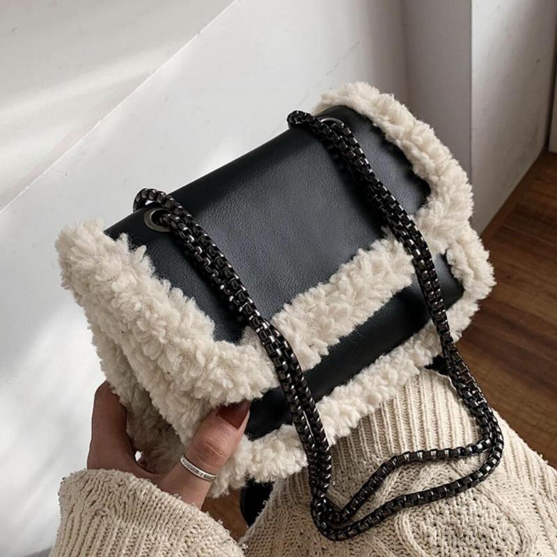 

Plush Square Crossbody bag 2021 Fashion New Quality PU Leather Women's Designer Handbag Vintage Chain Shoulder Messenger Bag, Black