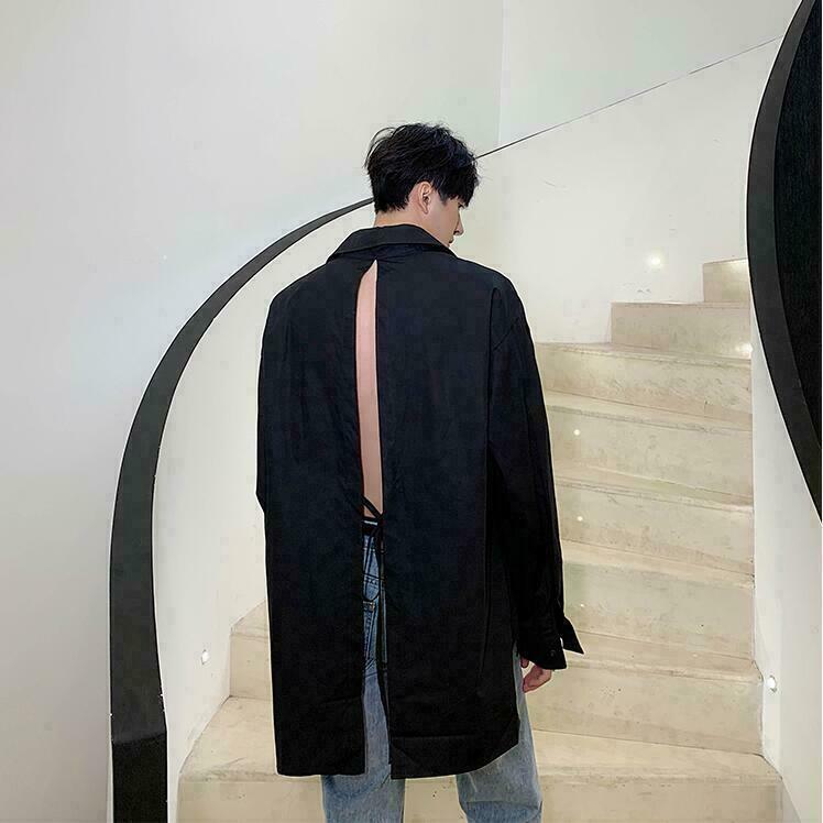 

Xl Men Stage Open Back Long Sleeve Loose Shirt Youth Casual Party Tops, Black