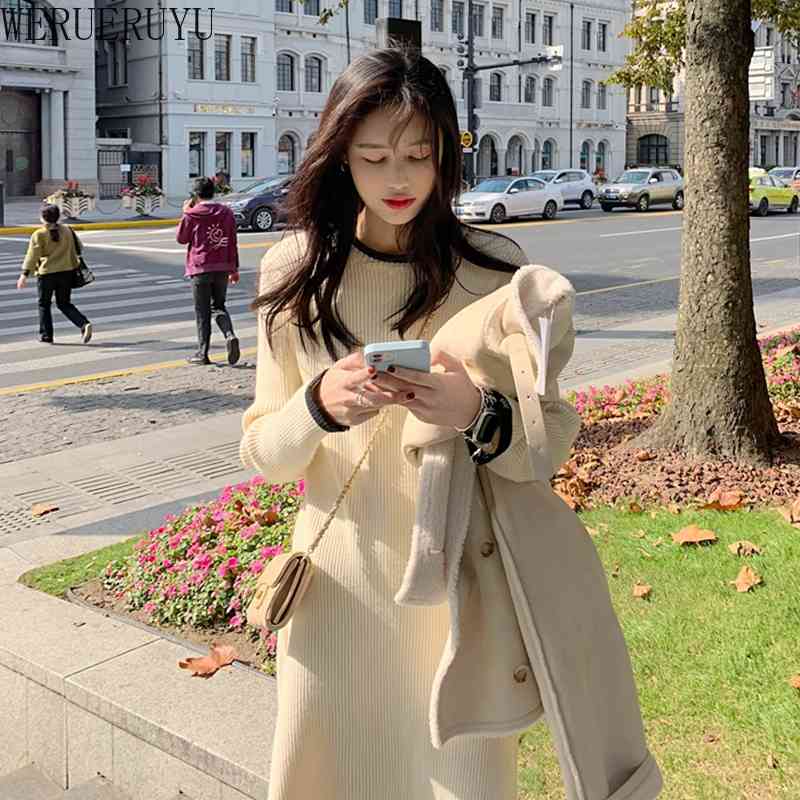 

WERUERUYU Women's Long Sleeve Warm Dresses Fashion Round Neck Winter Solid Color Fashion Dress Loose Warm Knitting Dress 210608, Photo color