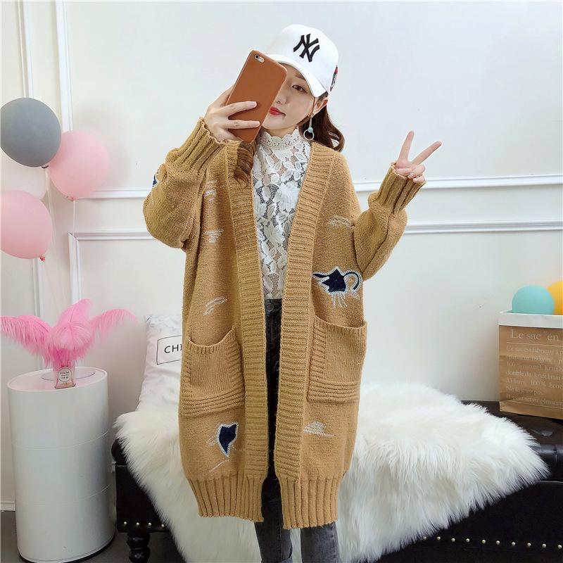 

Women's Sweaters Clothing 2021 Arrival Women V-neck Loose Knitted Cardigans Coats Pocket Embroidery Casual Coat, Beige