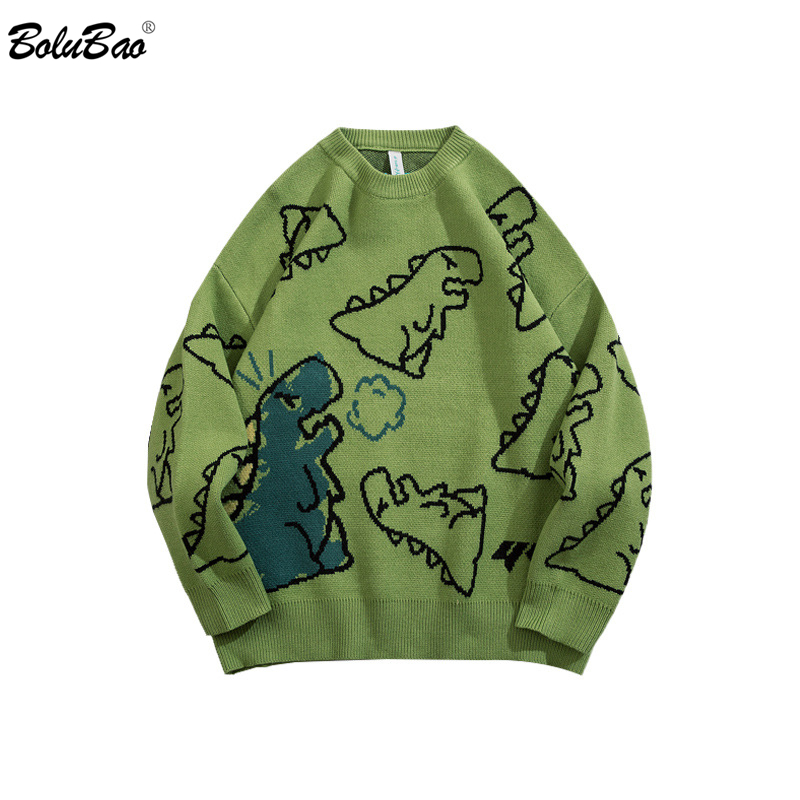 

bolubao sweater men harajuku knitted hip hop streetwear dinosaur cartoon pullover o-neck oversize casual couple male sweaters, Black
