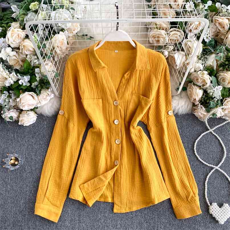 

Women' shirt casual loose buttons vintage blouse solid v neck long sleeve pockets ladies female tops 210603, Apricot