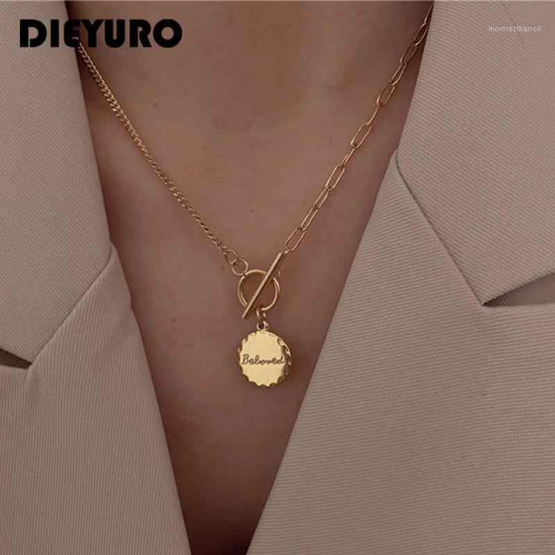 

Chains DIEYURO 316L Stainless Steel Niche Design Lucky Round Pendant Metal Necklace Fashion Irregular Chain Unique OT Buckle Jewelry