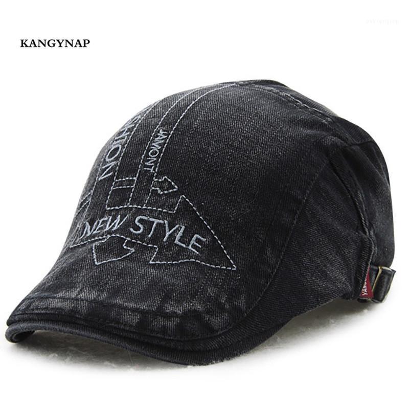 

[KAGYNAP] Washed Cotton Embroidery Letter Berets Caps Summer Mens Casual Flat Hat Men Solid Color Simple Peaked Dad