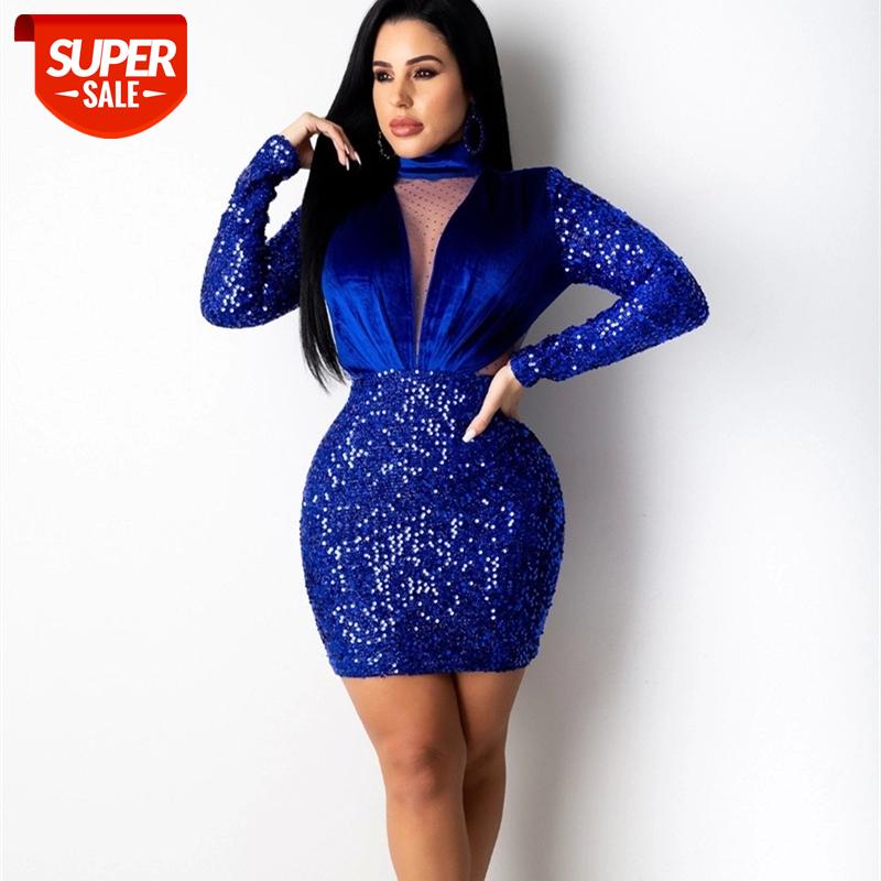 

hirigin Sexy Black Velvet Sequined Patchwork Mini Dress Women Hot Long Sleeve Side Cut Oout Bodycon Party Clubwear Dress #8v69, Black;gray