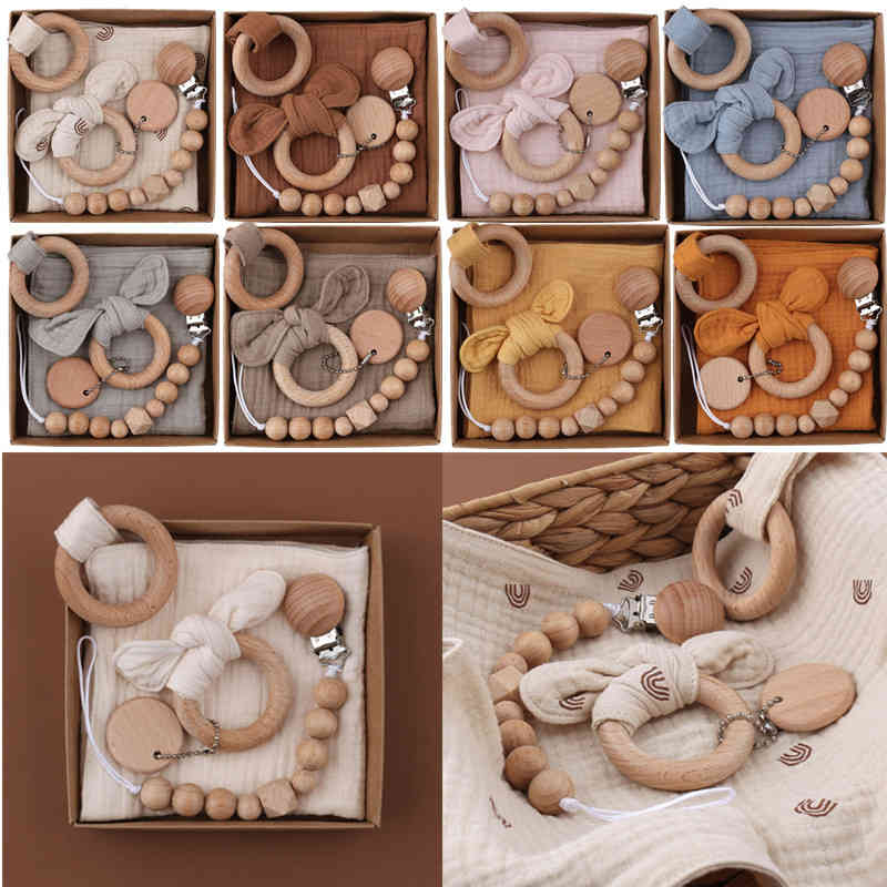 

1 Set Bunny Ear Wooden Ring Baby Teether Cotton Bibs Newborn Saliva Towel Pacifier Clips Chain Gym Molar Bracelet