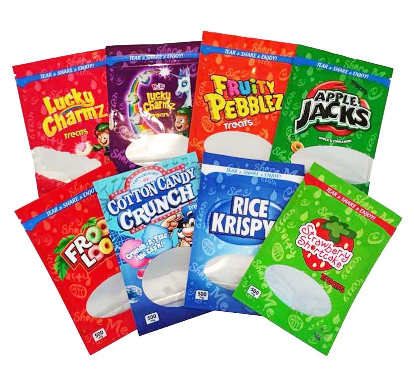 

Empty 600mg packing bags Caramel treats cocoa Fruity Pebblez cannaburst gummies Lucky charmz INFUSED cereal edible packaging plastic package bag