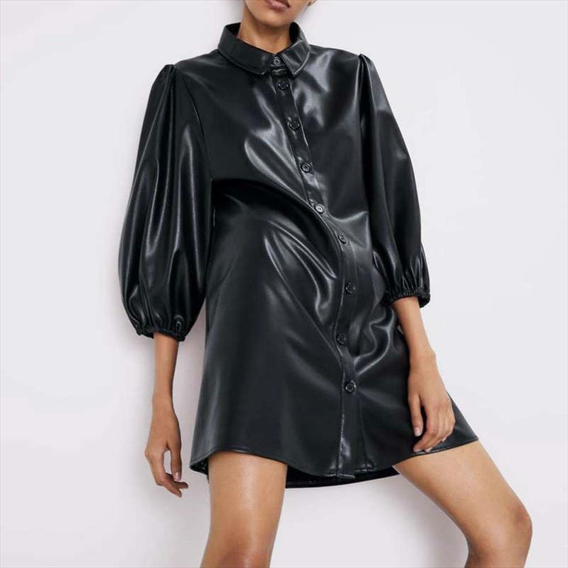 

fashion autumn winter black womens dress pu faux leather puff sleeve turn down collar button elegant mini, Black;gray