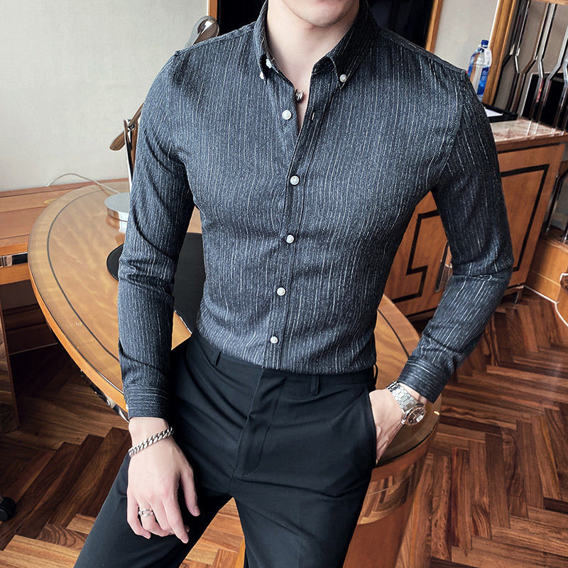

2021 New Striped Men's Slim Fit British Business Formal Shirt Chemise Homme Manche Longue Shirts Men Streetwear Black Ptd3, Light gray