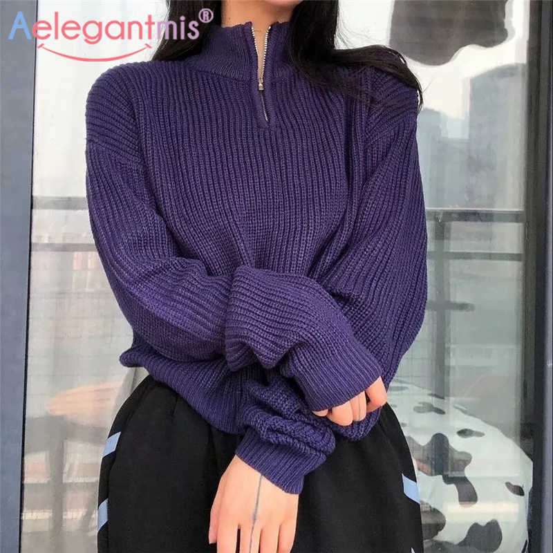 

Aelegantmis Korean Chic Women Zipper Ribbed Cropped Sweaters Loose Vintage Solid Knitting Short Jumpers Zip Spring 210607, Deep blue