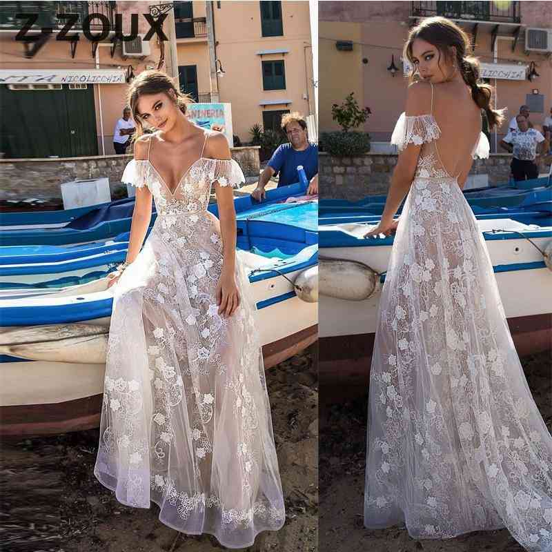 

Women Dress Deep V Neck Backless Sling Embroidery Hollow Out Party es High Waist Off The Shoulder Long 210524, White