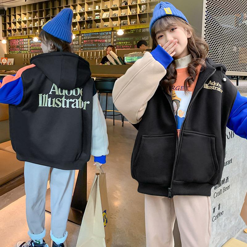 

Down Coat 10 12 Years Winter Girls Cotton Hoodies Thicken Warm Cotton-padded Black Color Teen Outerwear, Blue;gray