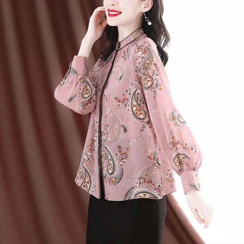 

Women' Blouses & Shirts Imitation Silk Shirt Spring And Autumn 2021 Style Trumpet Sleeve Stand Collar Floral Design Niche Loose Blouse, Pink