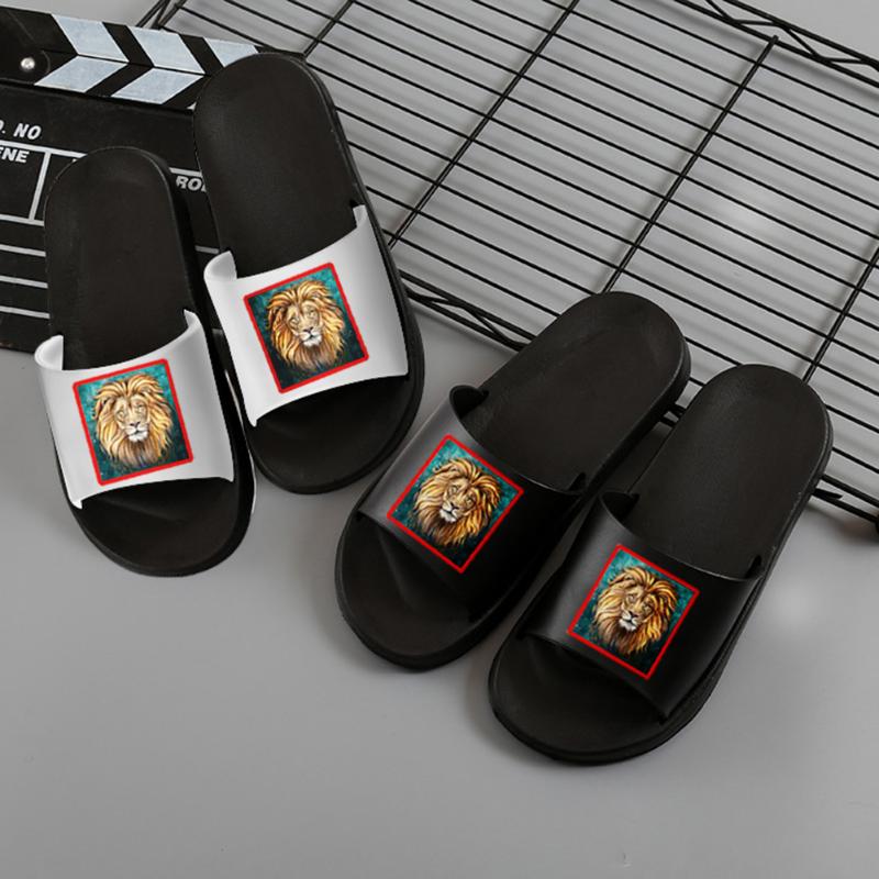 

Slippers Men Practical Indoor Flat Slipper Soft Sole Lion Pattern Sandals, Black