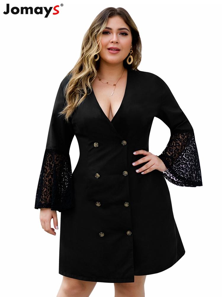 

Casual Dresses Spring Autumn Plus Size Elegant Women Black Double Breasted Dress Deep V Neck Patchwork Lace Office Lady Femme Vestidos, As picture