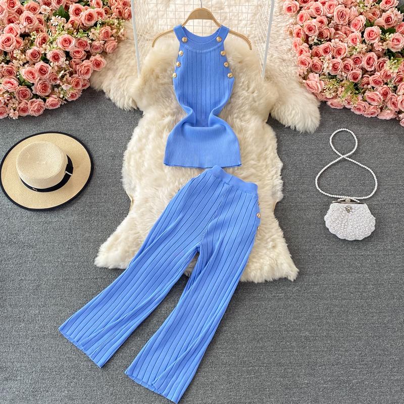 

Women's Two Piece Pants Fashion Suit Knitted Halter Camisole Western Style Short Top Two-piece High Waist Wide Leg Trousers, Blue