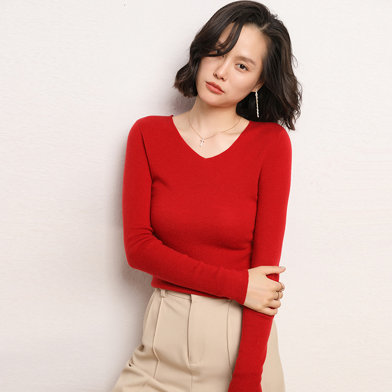 

2021 New Women's Warm Knitting Jumper Female Autumn Winter V-neck Long Sleeve Sweater 100% Cashmere Merino Wool 3qxv, Milky-white