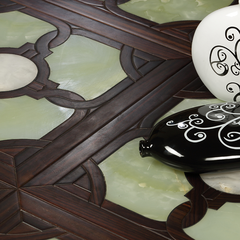 Black rosewood flooring Jade Marble decoration Kosso parquet tile medallion inlay art woodworking carpet rugs luxurious villa home interior-image-661836486