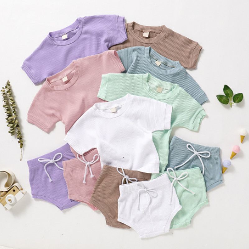 

2021 New Summer Clothes Infant Toddler Boys Girls Clothing Set Solid Ribbed Cotton Top T-shirt+shorts Bloomer Baby Outfit Yaqu, Green