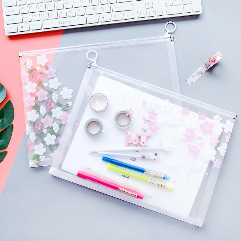 

Business Card Files A5 Zipper Bag Cherry Blossoms Transparent Plastic Document 18*24cm Stationery Storage Pocket High Capacity Student's Fol