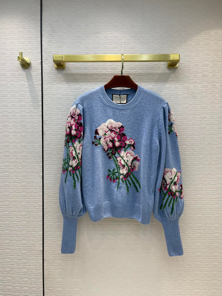 

2021 Early Autumn Womens Clothing New Sweet Girl Floral Embroidery Lantern Sleeve Pullover round Neck Loose Wool Sweater, Lake blue
