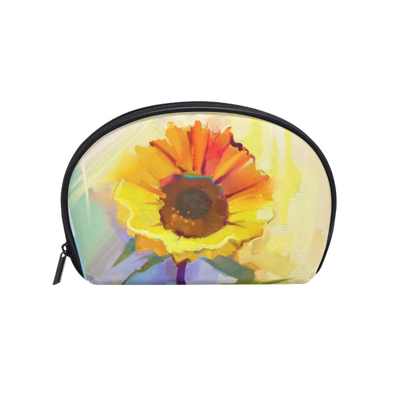 

FengJu Multifuncition Shell Cosmetic bag Purse Half Moon Hanging Travel Toiletry Pouch for Girls Woman Oil Painting Sunflower, As pic