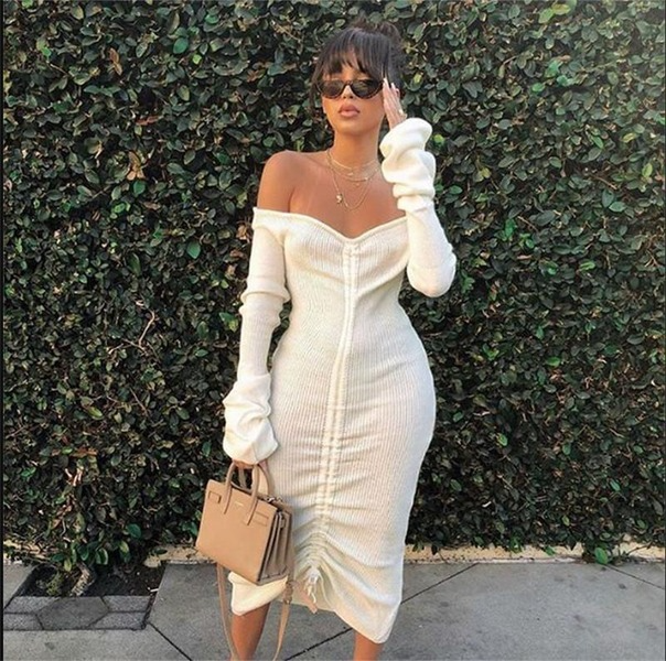 

imcute front drawstring bandage women maxi dress slash neck long flare sleeve club party autumn winter off shoulder dress, Black;gray