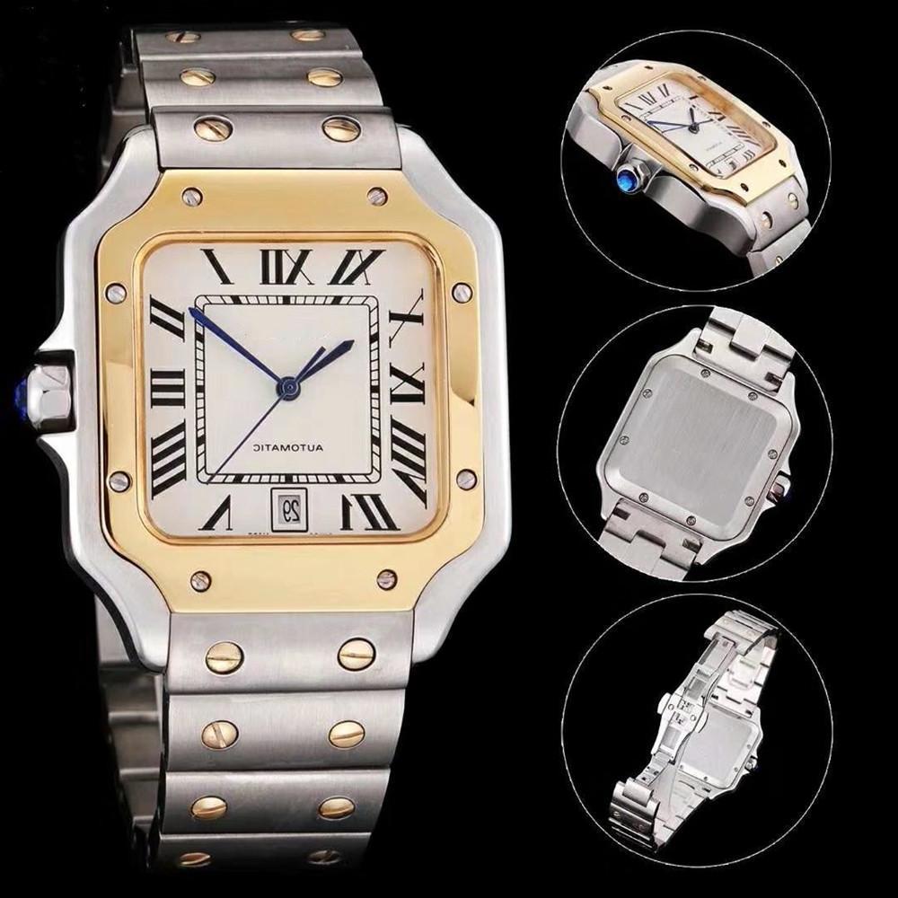 

Top Quality Silver -Gold Men Watch Classic Square Design Stainless Steel Mens Watches Automatic Movement Glide Sweep Move Wristwa, Slivery;brown
