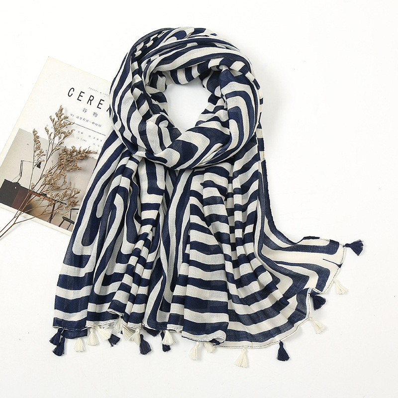 

Korean Style Casual All-Matching Striped Cotton Scarf Womens Shawl Soft and Thin Linen Feel Long Dual-Use No. 4