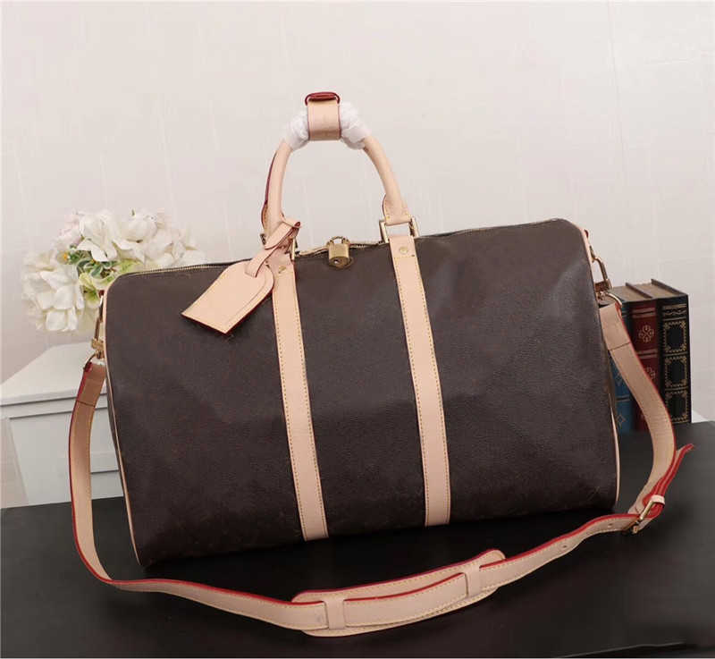 

50cm 45cm Brown flower 55cm women handbags purses keep all travel duffle duffel bags Real leather tote clutch shopping bag, Black flower