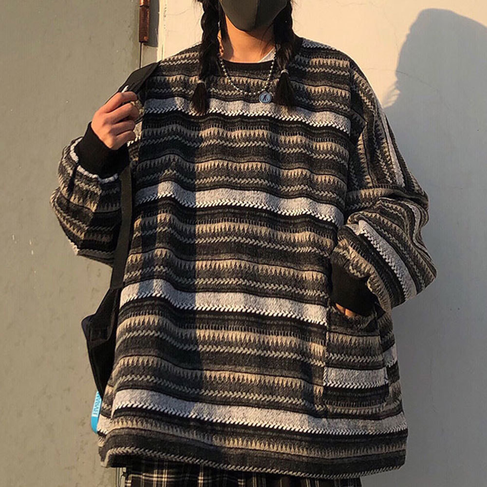 

2021 New Pullovers Women Soft Autumn O-neck Sweaters Chic Daily Tops Womens Pullover Sweet Student Striped Harajuku Knitted Loose Outwear G9, Black