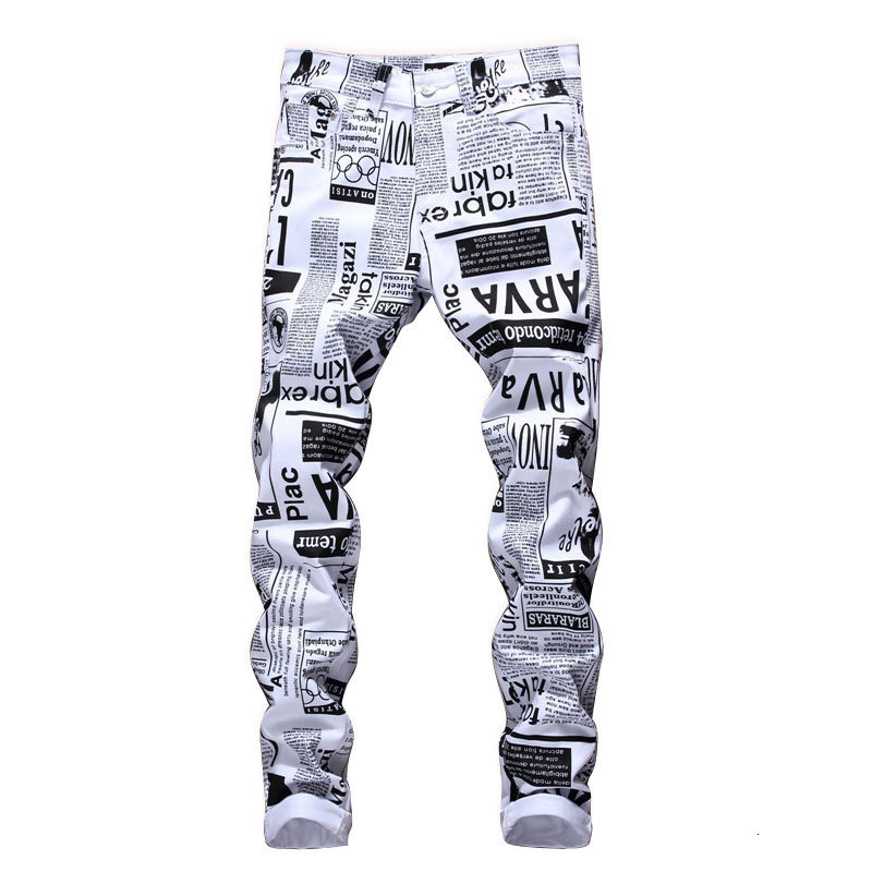 

2021 New Men's Jeans Male Thin Denim Trousers Personality Printed Painted Pants Casual Slim Trendy Nightclub Singer Peaj, Beige