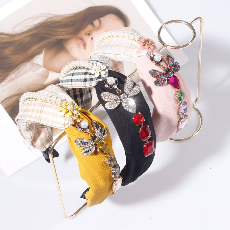 

Pearl Flower Headband for Woman Vintage Hand Made Bee Plaid Hairband Girls Party Hair Jewelry Tiara Bezel