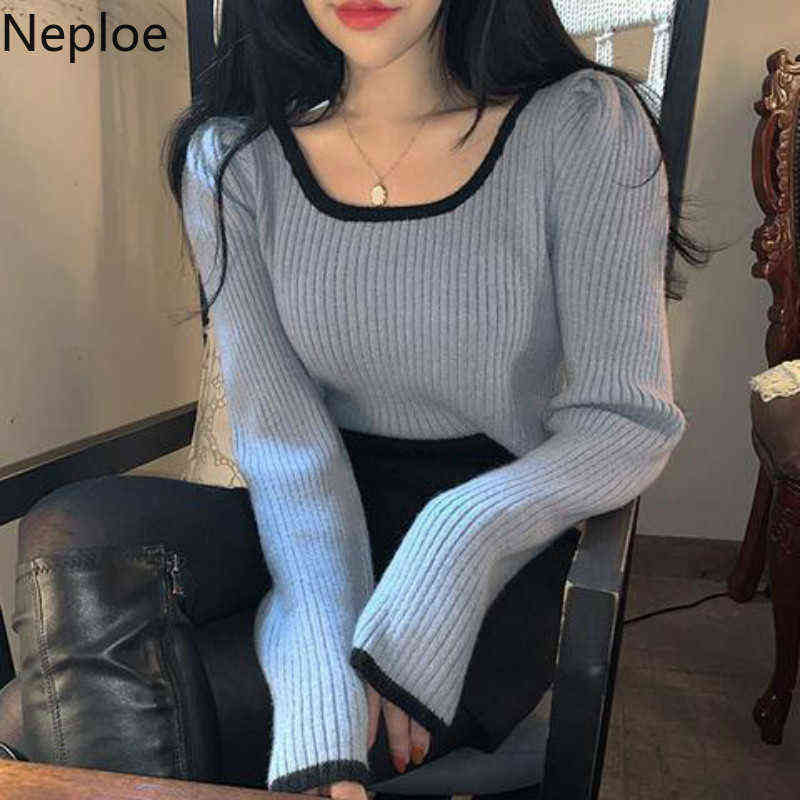 

Neploe Women Sweaters Puff Long Sleeve Striped Knit Tops Autumn Winter Korean Cropped Sweater Fashion Y2K Pullovers Clothes 211109, Blue