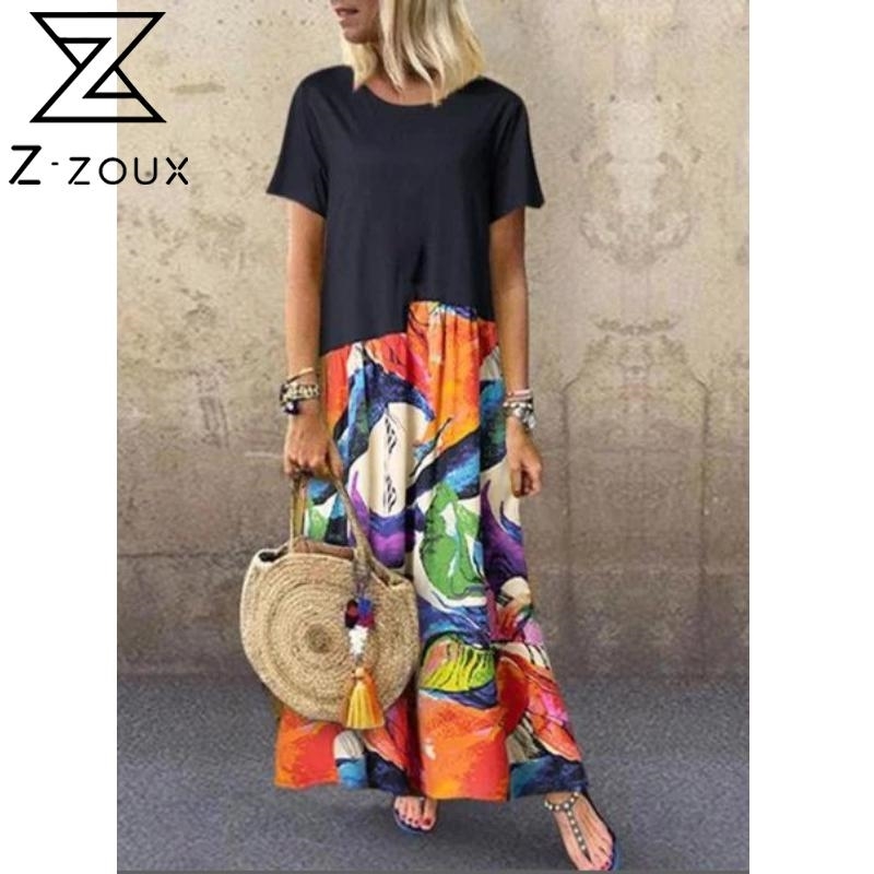 

Women Dress Short Sleeve Color Matching Printing Dresses Plus Size Long Summer Clothes Fashion 210524, Black