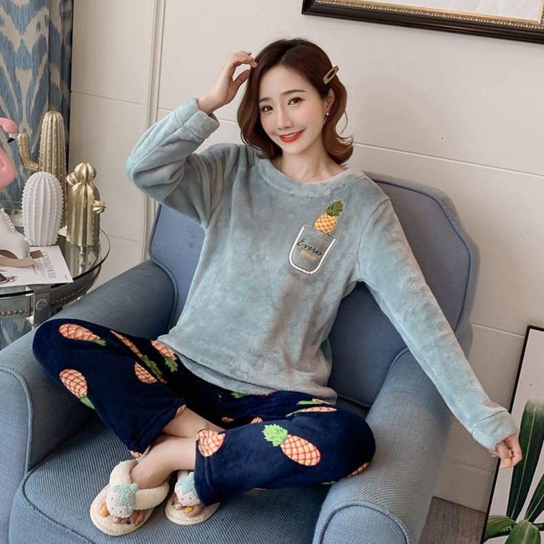 

Women 2pcs New Winter Pajamas Gray Suit O-neck Up & Beep Cute Fruit Clothing Turklin Nightwear Flanel Hot House Clothes 6mhp