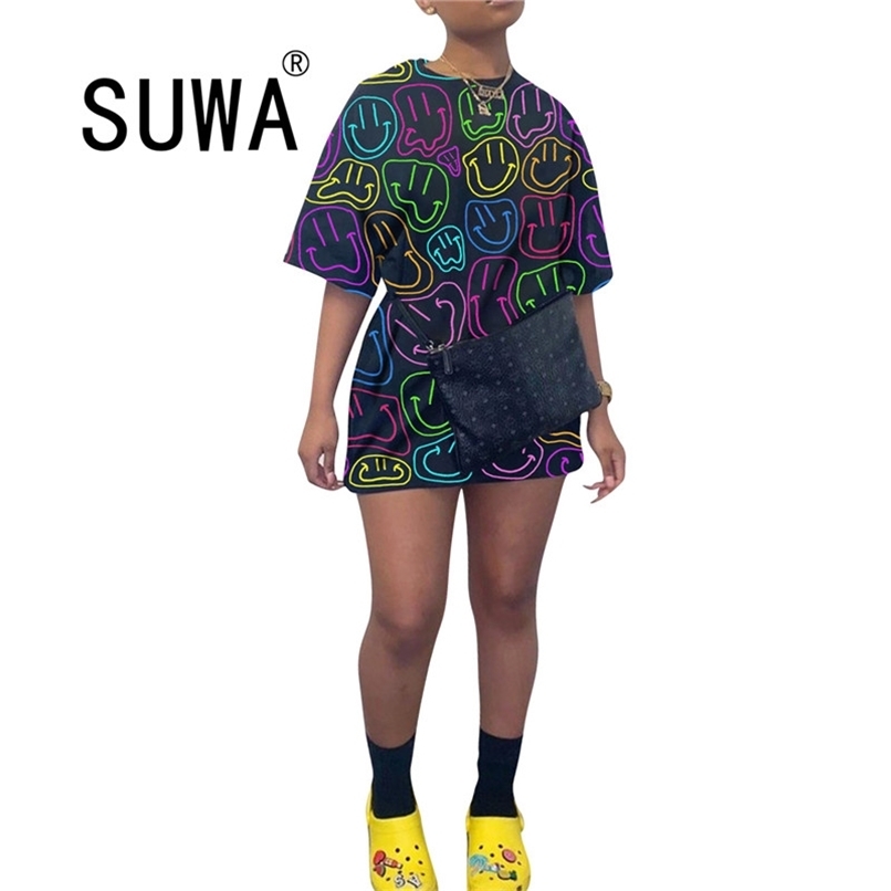 

Fluorescent Smile Print Harajuku Short Dress for Women O Neck Half Sleeve Casual BF Style Summer Girl Party Club 210525, Multi