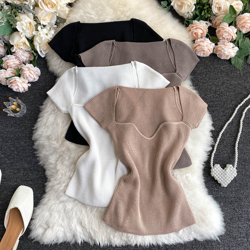 

2021 Autumn new design women's square collar short sleeve thread knitted bodycon tunic sexy shirt knits tees, Brown