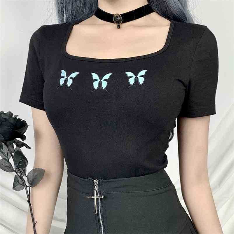 

Paris Girl Women Summer Gothic T-shirts Square Collar T-shirt Cotton Comfortable 210524, Black