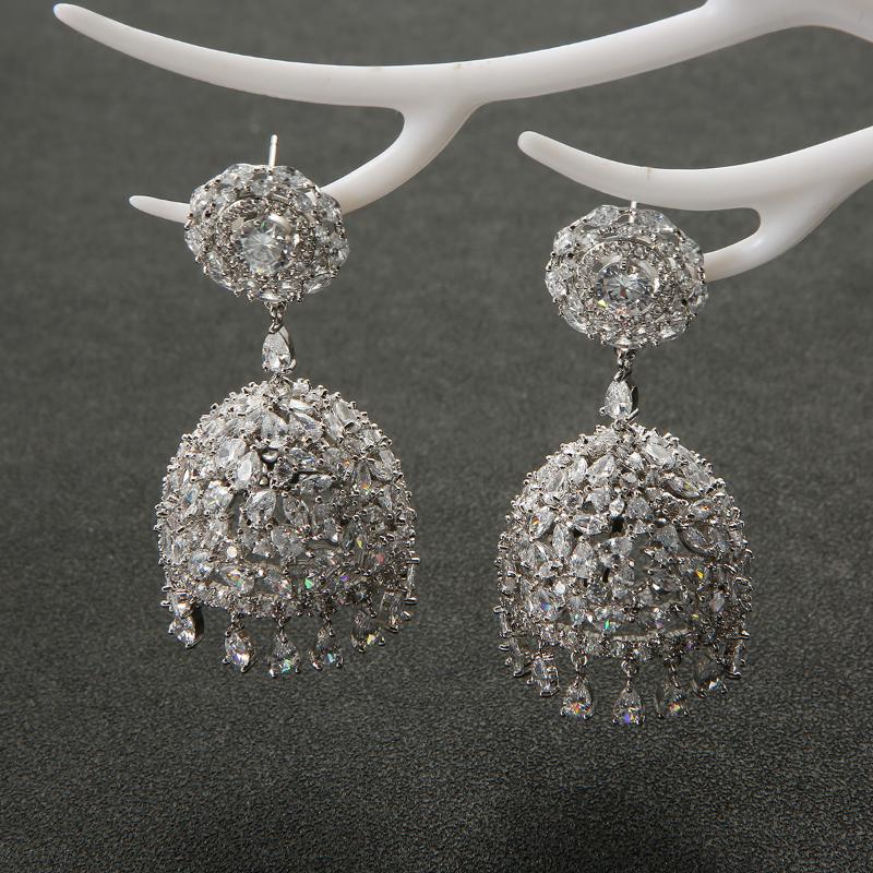 

Dangle & Chandelier Luxury Big Bell Water Drop Tassels Long Earrings For Women Wedding Cubic Zircon Dubai Bridal E7583, Silver