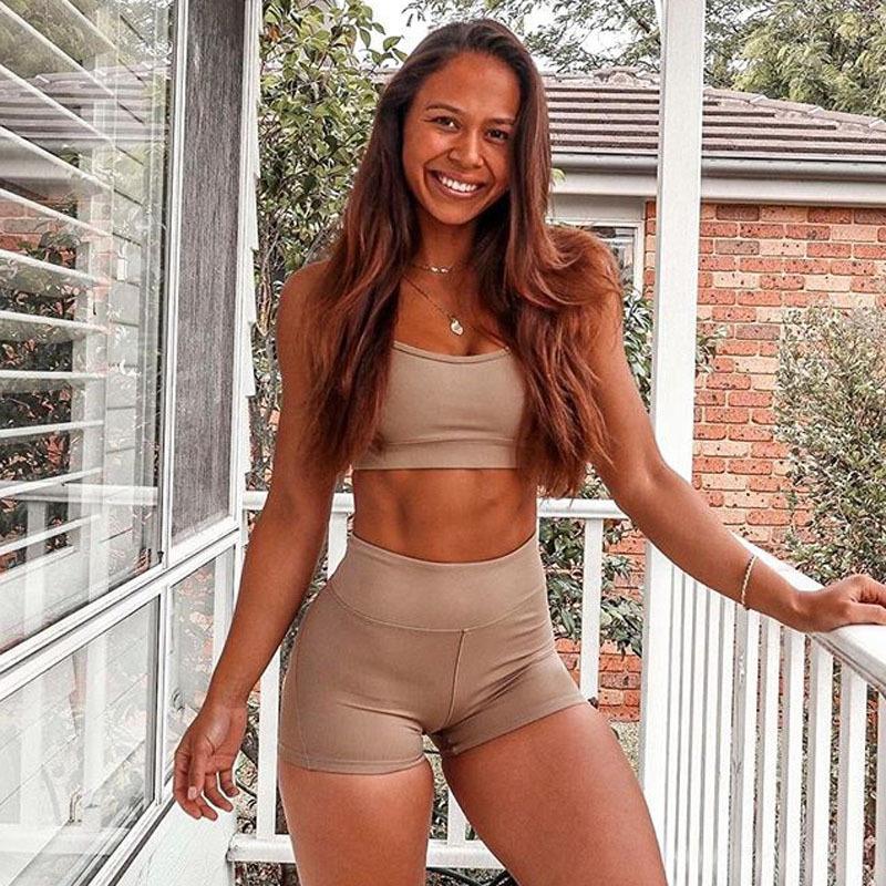 

2021 Seamless Two Piece Set Summer Shorts Suits Pure Color Fitness Sports Underwear High Waist Short Leggings Workout Clothes, Black