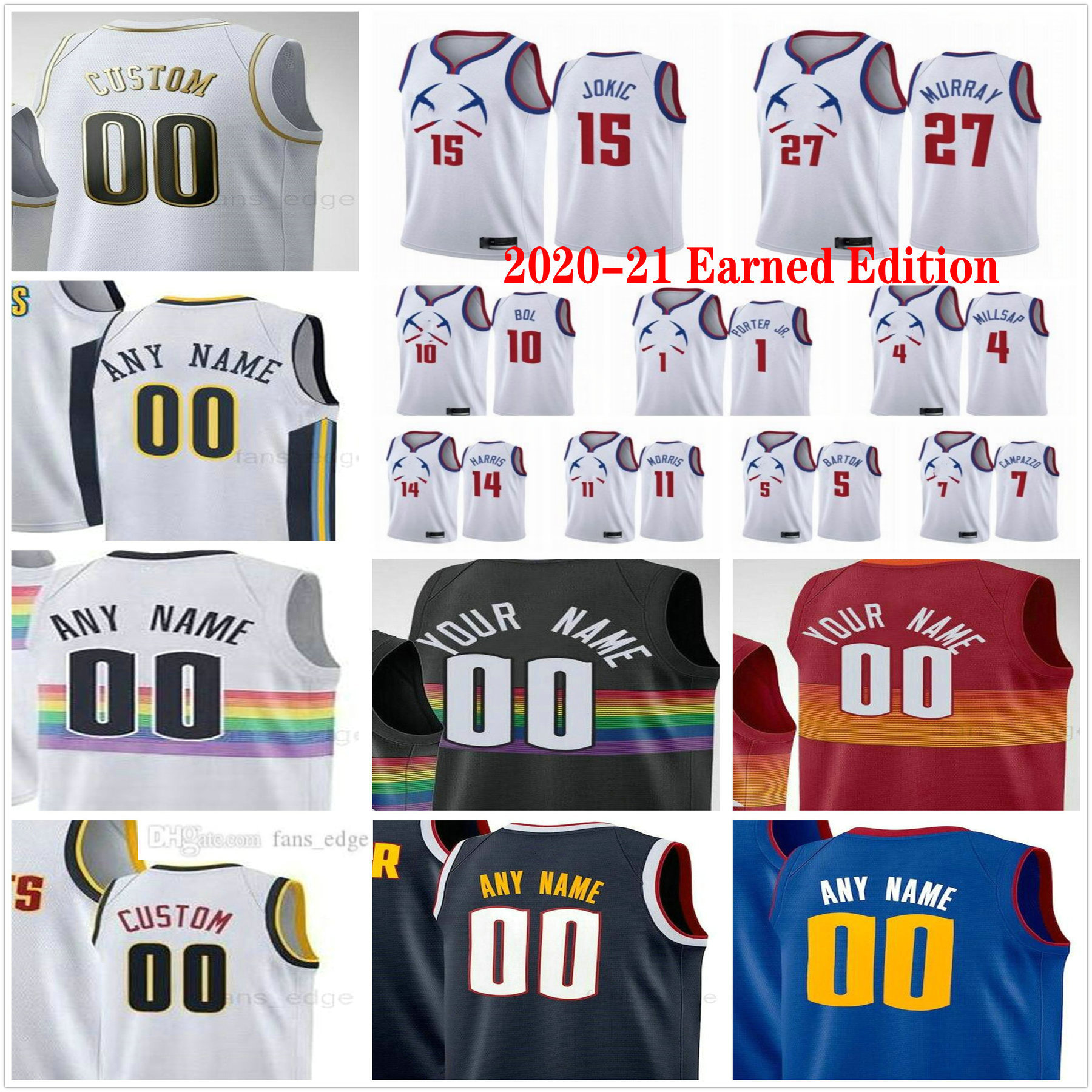 

2020-21 Earned Edition Custom Printed 15 Jokic Jamal 27 Murray Nikola 1 Porter Jr. Facundo 7 Campazzo Men Women Kids Basketball Jerseys, Black;red
