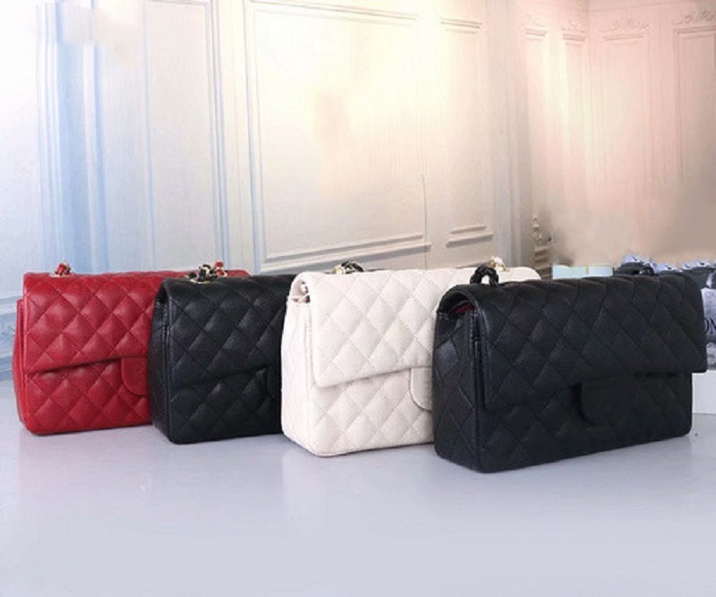 

Classic flip top bag caviar grain bread handbag lady silver black chain shoulder messenger bag, Box