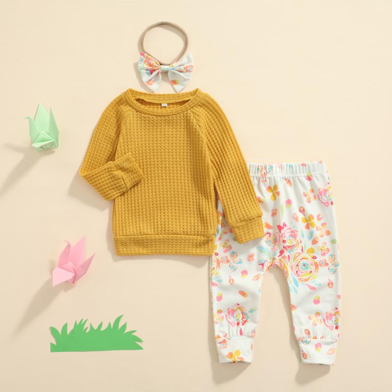 

Clothing Sets Baby Girls Clothes Set Long Sleeve O Neck Tops Floral Print Trousers Bow Knot Headband Autumn Spring Solid Color, White