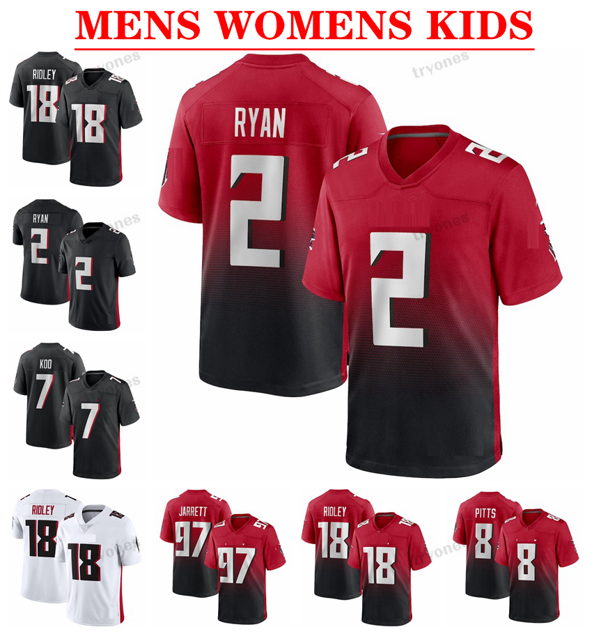 

Mens 2 Matt Ryan 7 Younghoe Koo 8 Kyle Pitts Football Jerseys 18 Ridley 97 Grady Jarrett 45 Deion Jones Michael Vick 21 Sanders Hayden Hurst, Black;red