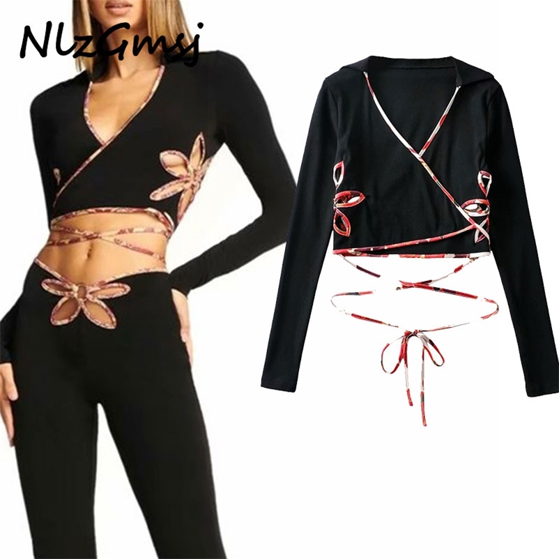 

T Shirt Hollow Out Flower Appliques Crop Top Deep V Neck Long Sleeve Slim Tshirt Fashion Cropped 210628, As picture