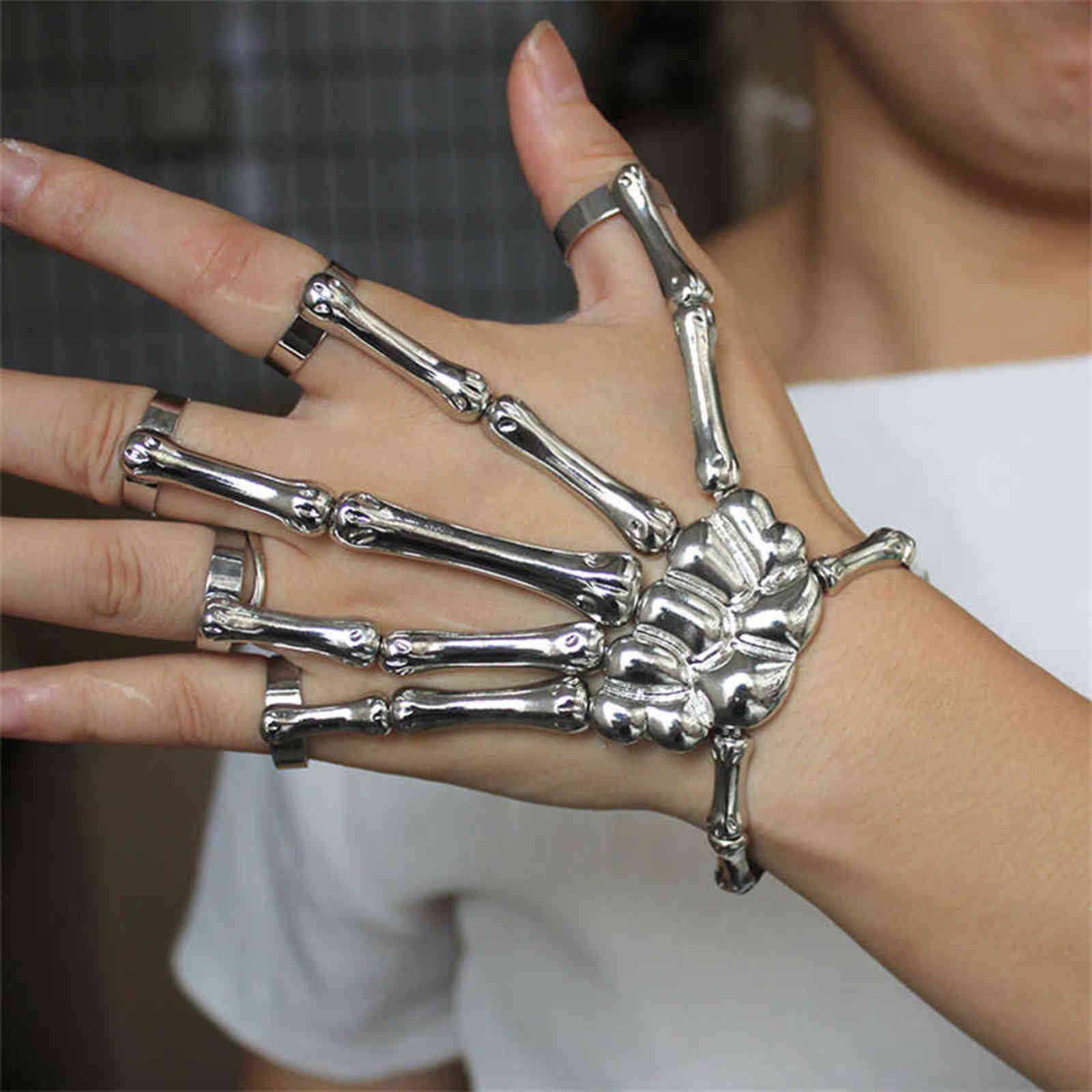 

New Unique Punk Skeleton Hand Bone Versatile Five Finger Ring Bracelet Adjustable One Chain Halloween Unisex